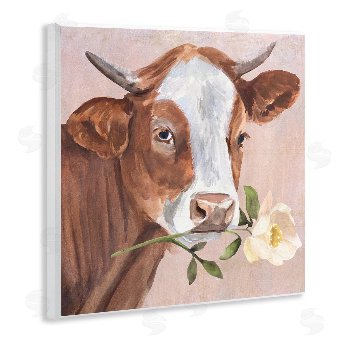 Annie Warren Cow & Rose Blossom Wooden Wall Plaque Art Print