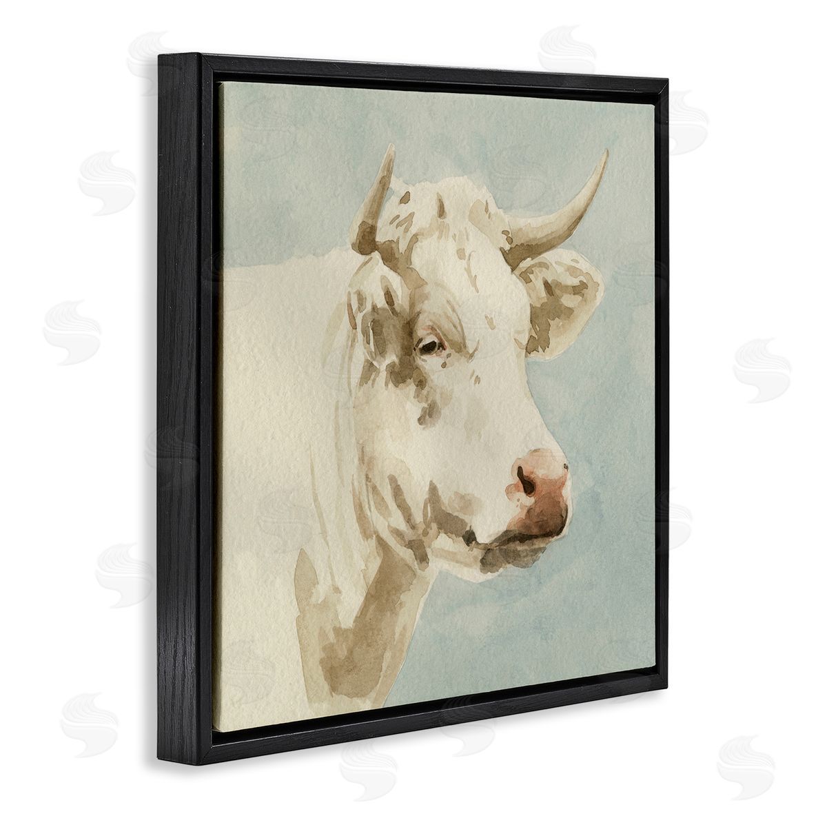 Emma Caroline White Cow Watercolor Black Floating Frame Canvas Wall Art Print