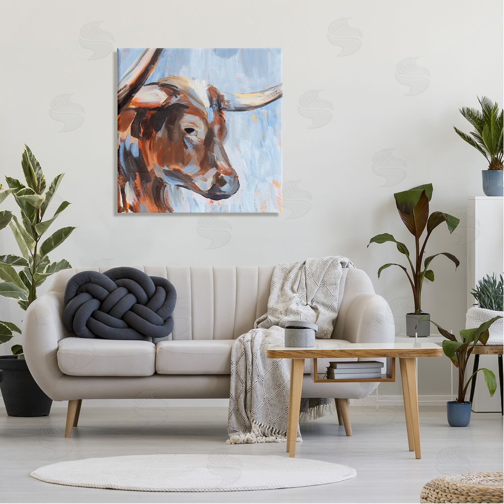 Annie Warren Blue Longhorn Cattle Portrait Canvas Wall Art in Room