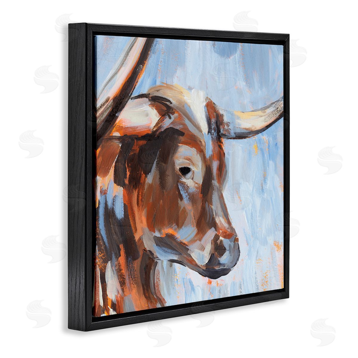 Annie Warren Blue Longhorn Cattle Portrait Black Floating Frame Canvas Wall Art Print
