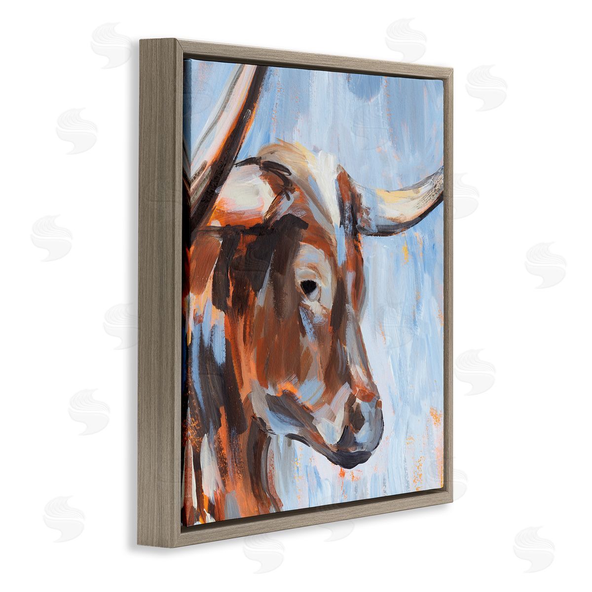 Annie Warren Blue Longhorn Cattle Portrait Brown Floating Frame Canvas Wall Art Print