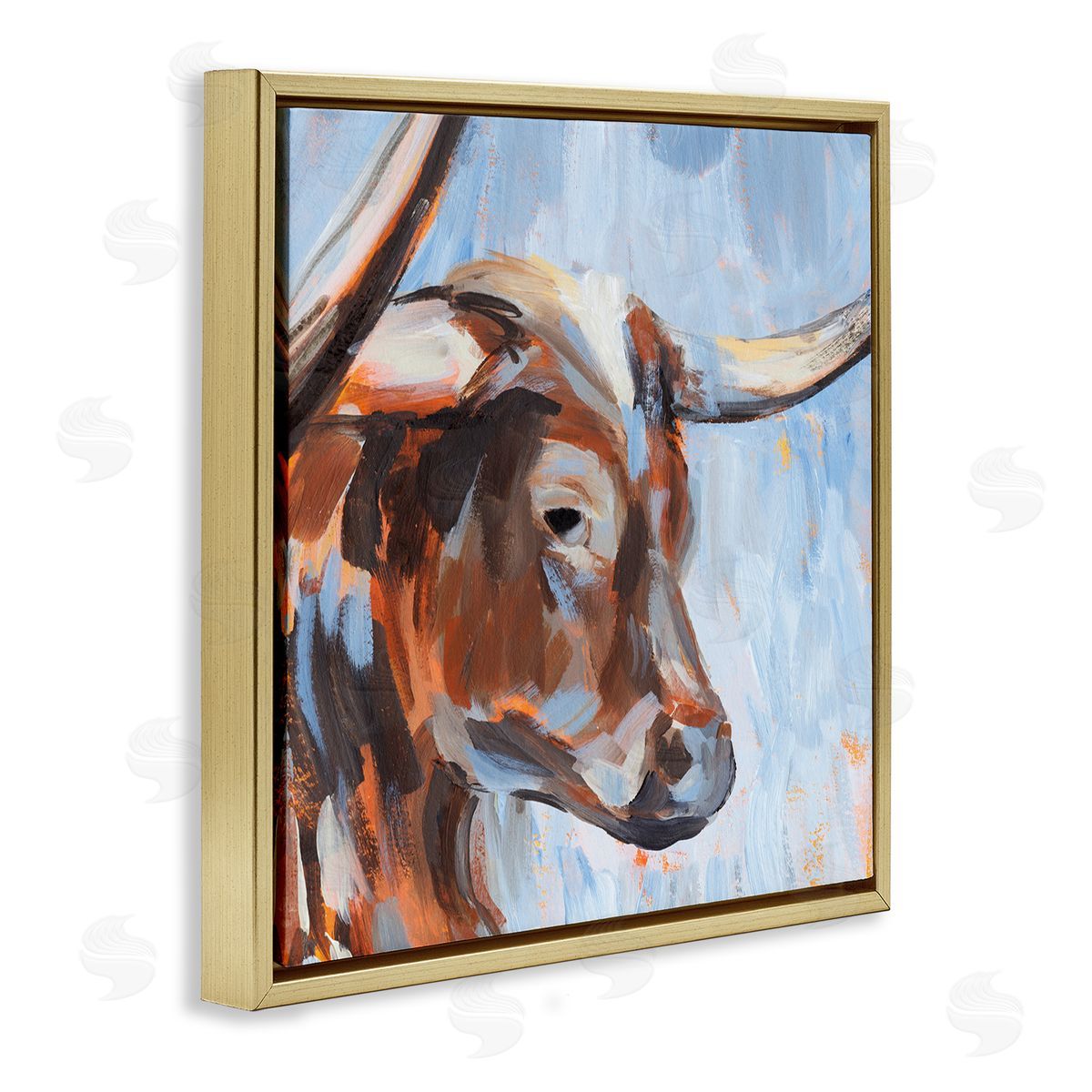 Annie Warren Blue Longhorn Cattle Portrait Gold Floating Frame Canvas Wall Art Print