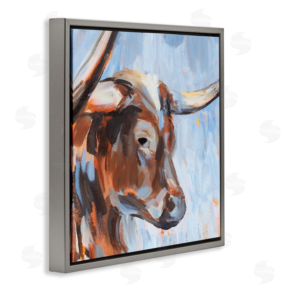 Annie Warren Blue Longhorn Cattle Portrait Gray Floating Frame Canvas Wall Art Print