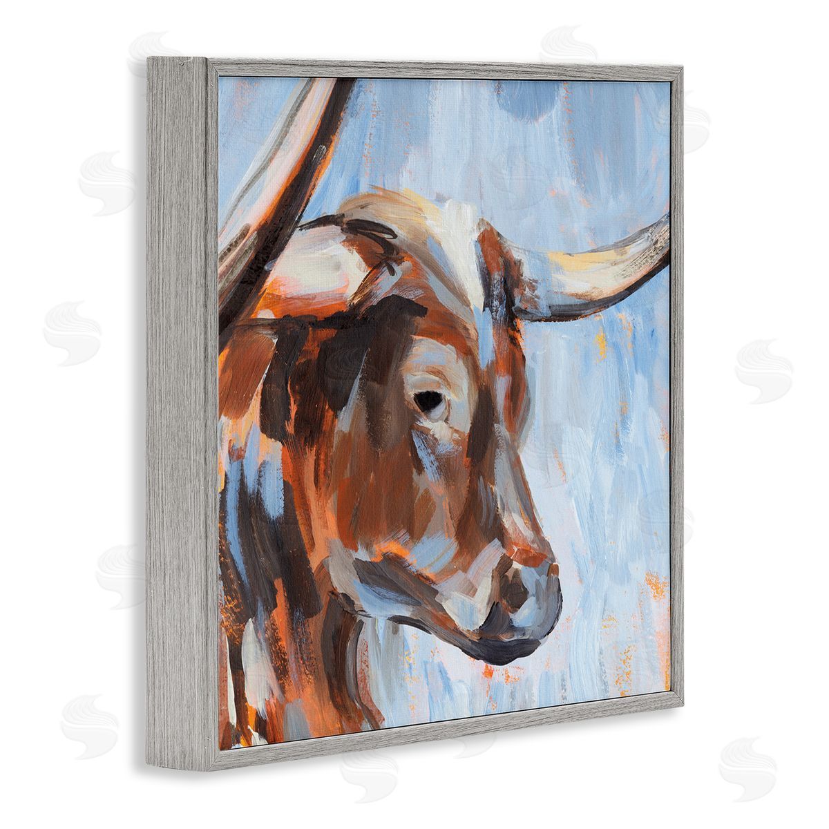 Annie Warren Blue Longhorn Cattle Portrait Gray Framed Glicee Wall Art Print