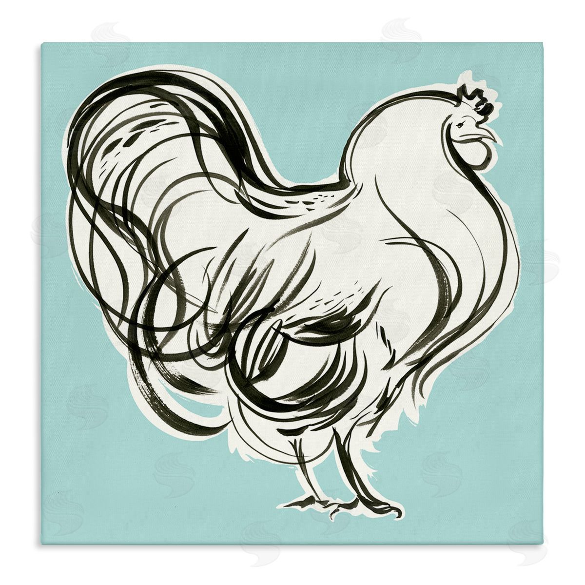 Laura Marr Rooster Drawing on Blue Stretched Canvas Wall Art Print
