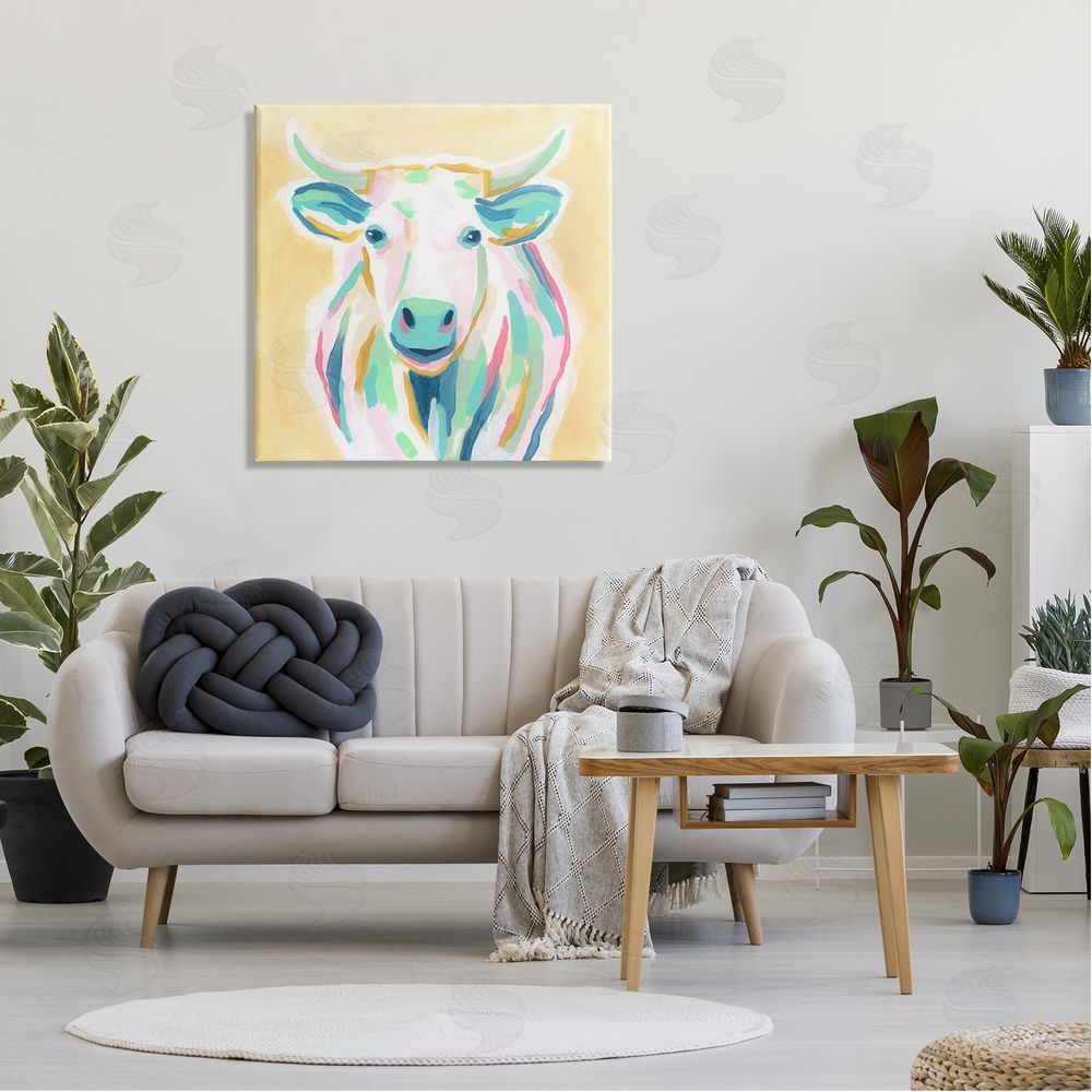June Erica Vess Pastel Smiling Cattle Canvas Wall Art in Room