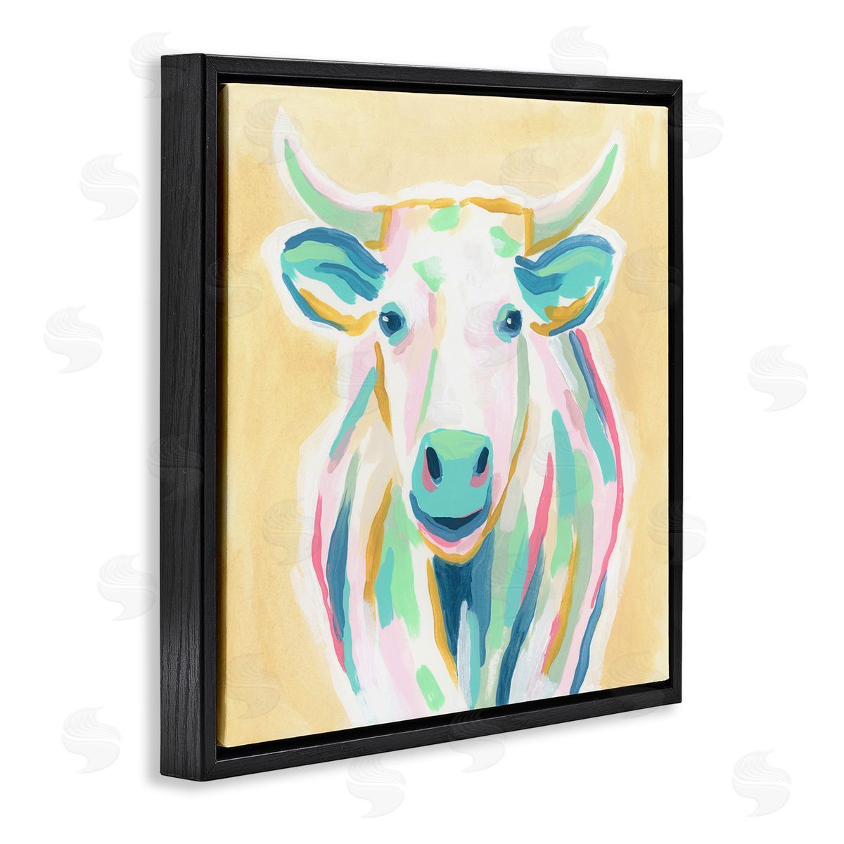 June Erica Vess Pastel Smiling Cattle Black Floating Frame Canvas Wall Art Print