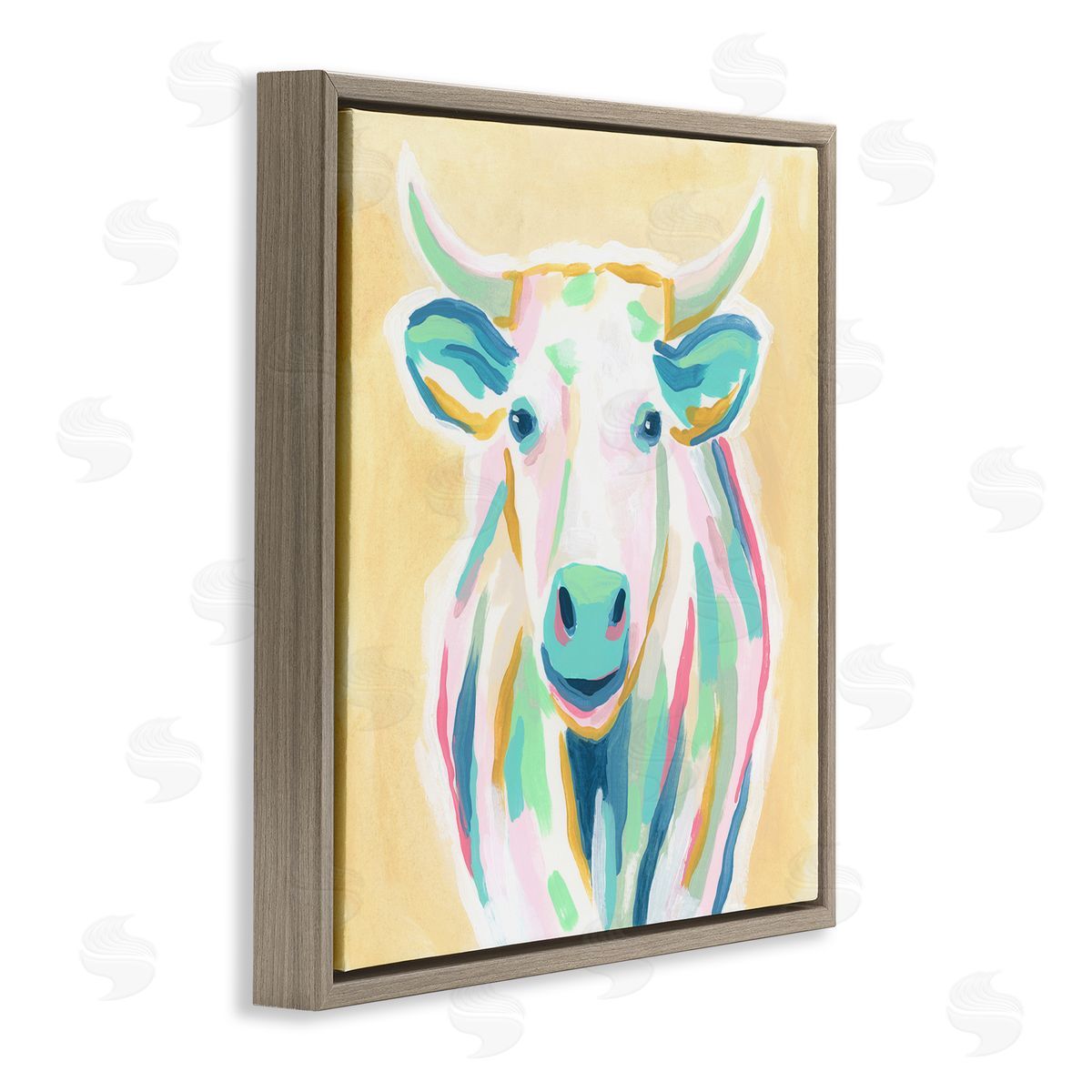 June Erica Vess Pastel Smiling Cattle Brown Floating Frame Canvas Wall Art Print