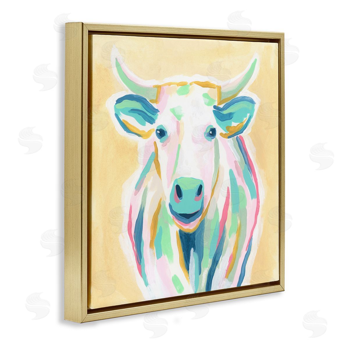 June Erica Vess Pastel Smiling Cattle Gold Floating Frame Canvas Wall Art Print