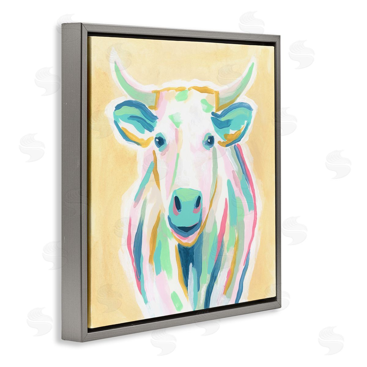 June Erica Vess Pastel Smiling Cattle Gray Floating Frame Canvas Wall Art Print