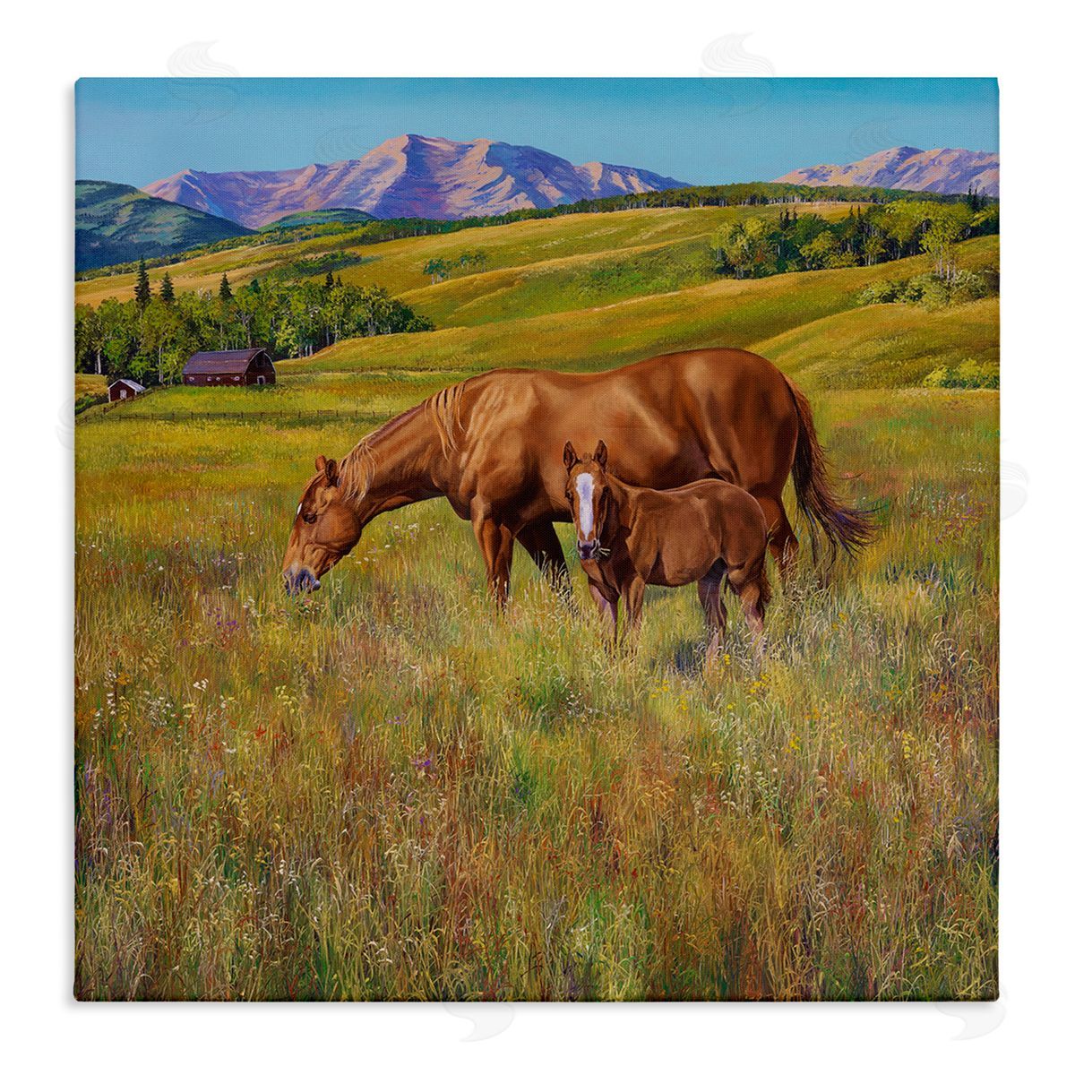 Andrew Kiss Horses Grazing in Meadow Stretched Canvas Wall Art Print