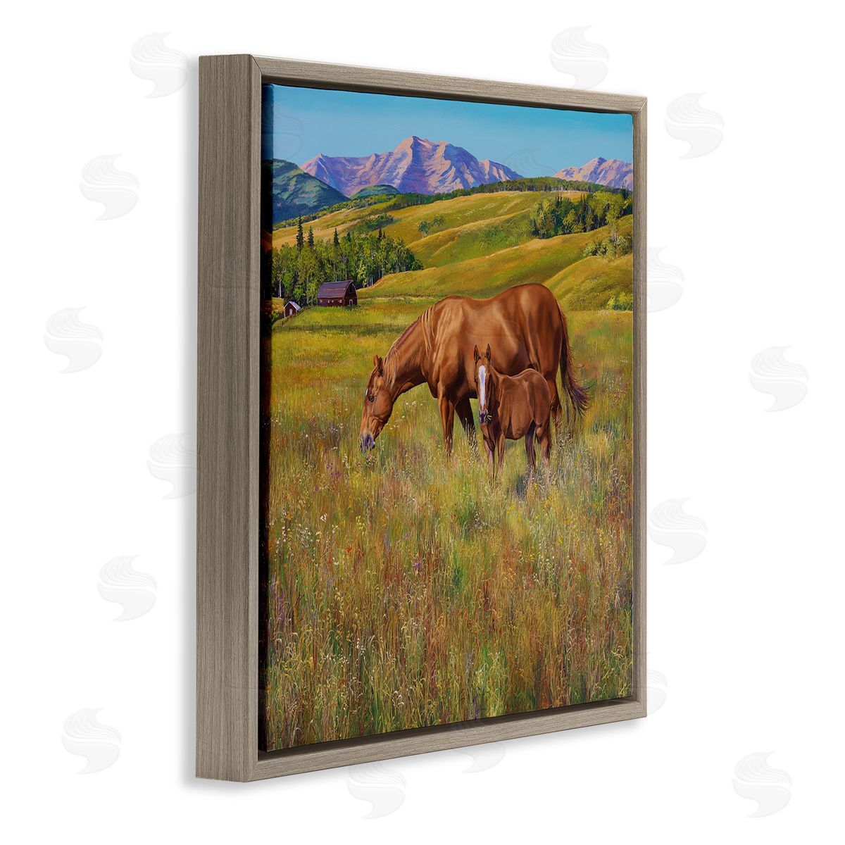 Andrew Kiss Horses Grazing in Meadow Brown Floating Frame Canvas Wall Art Print