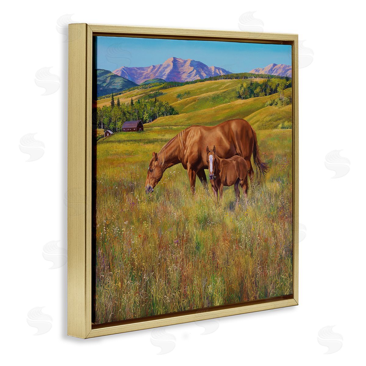 Andrew Kiss Horses Grazing in Meadow Gold Floating Frame Canvas Wall Art Print