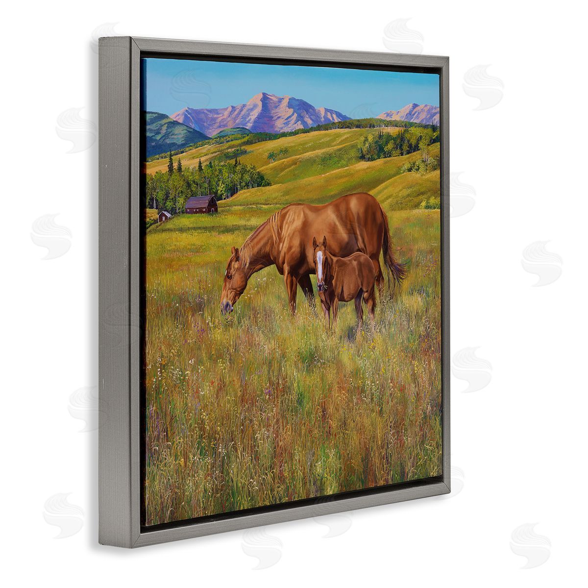Andrew Kiss Horses Grazing in Meadow Gray Floating Frame Canvas Wall Art Print