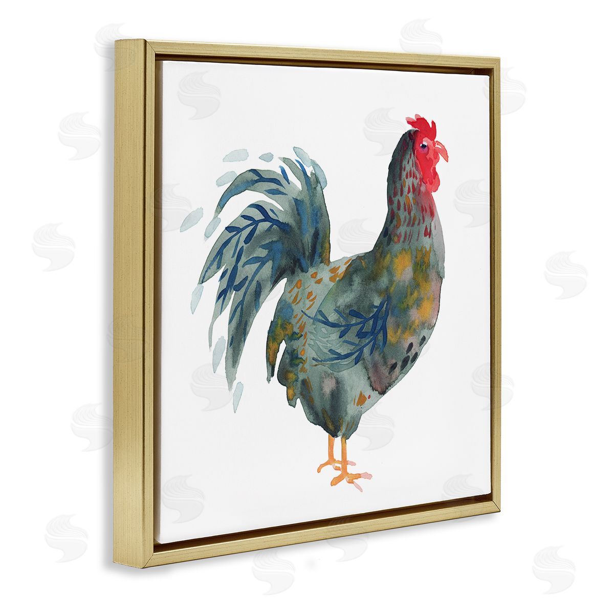 Claudia Bianchi Floral Patterned Rooster Gold Floating Frame Canvas Wall Art Print