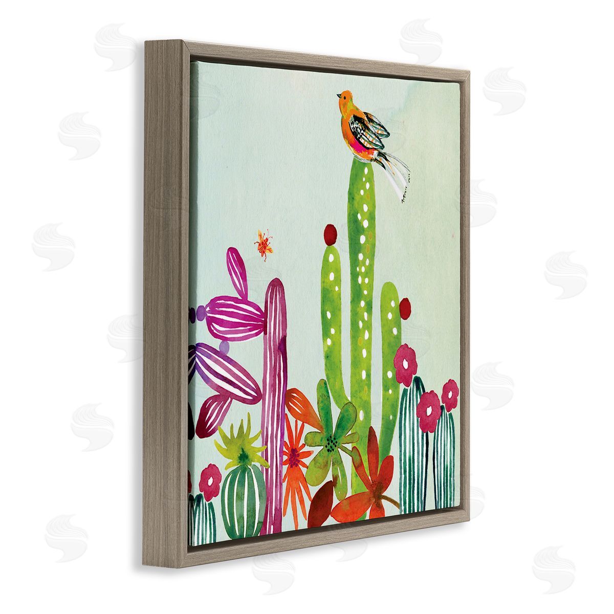 Claudia Bianchi Desert Bird on Cactus Brown Floating Frame Canvas Wall Art Print