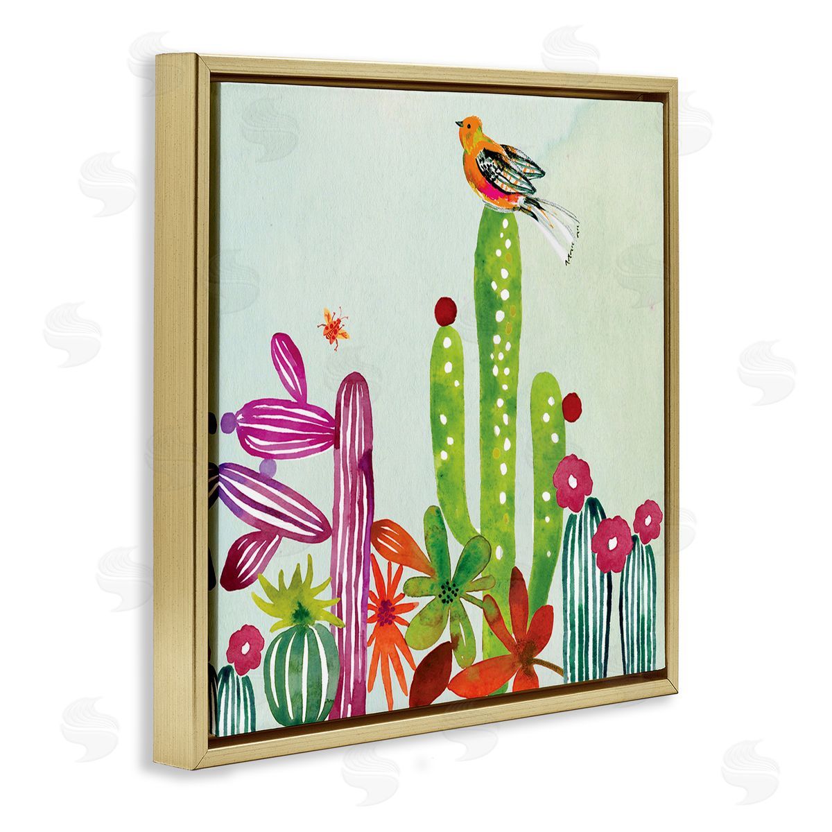 Claudia Bianchi Desert Bird on Cactus Gold Floating Frame Canvas Wall Art Print