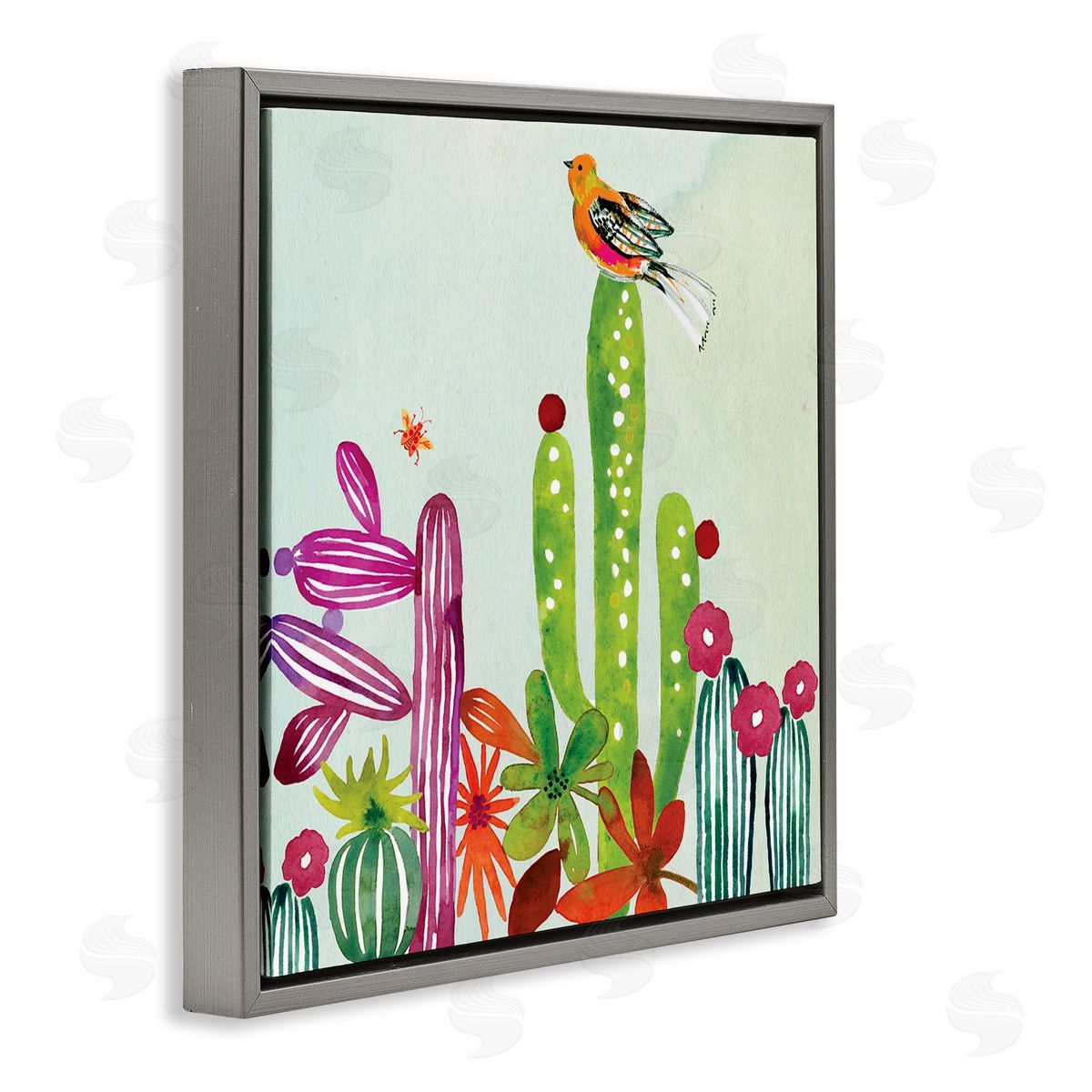 Claudia Bianchi Desert Bird on Cactus Gray Floating Frame Canvas Wall Art Print