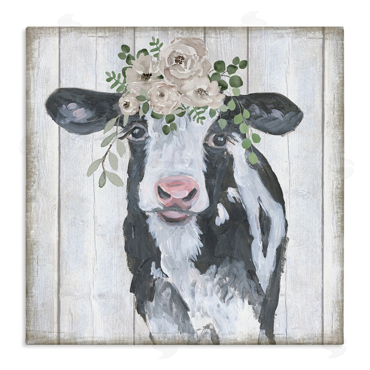 Corinne Haig Cow with Rose Garland Stretched Canvas Wall Art Print