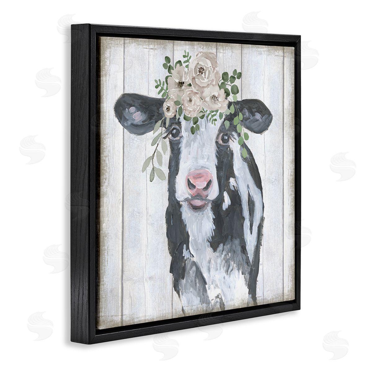 Corinne Haig Cow with Rose Garland Black Floating Frame Canvas Wall Art Print