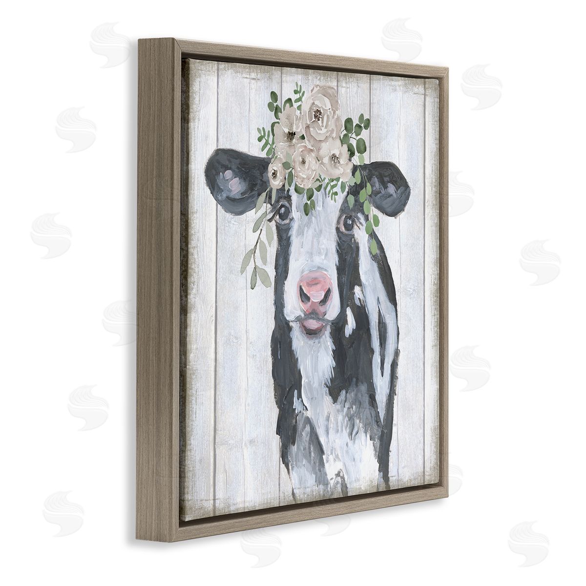 Corinne Haig Cow with Rose Garland Brown Floating Frame Canvas Wall Art Print