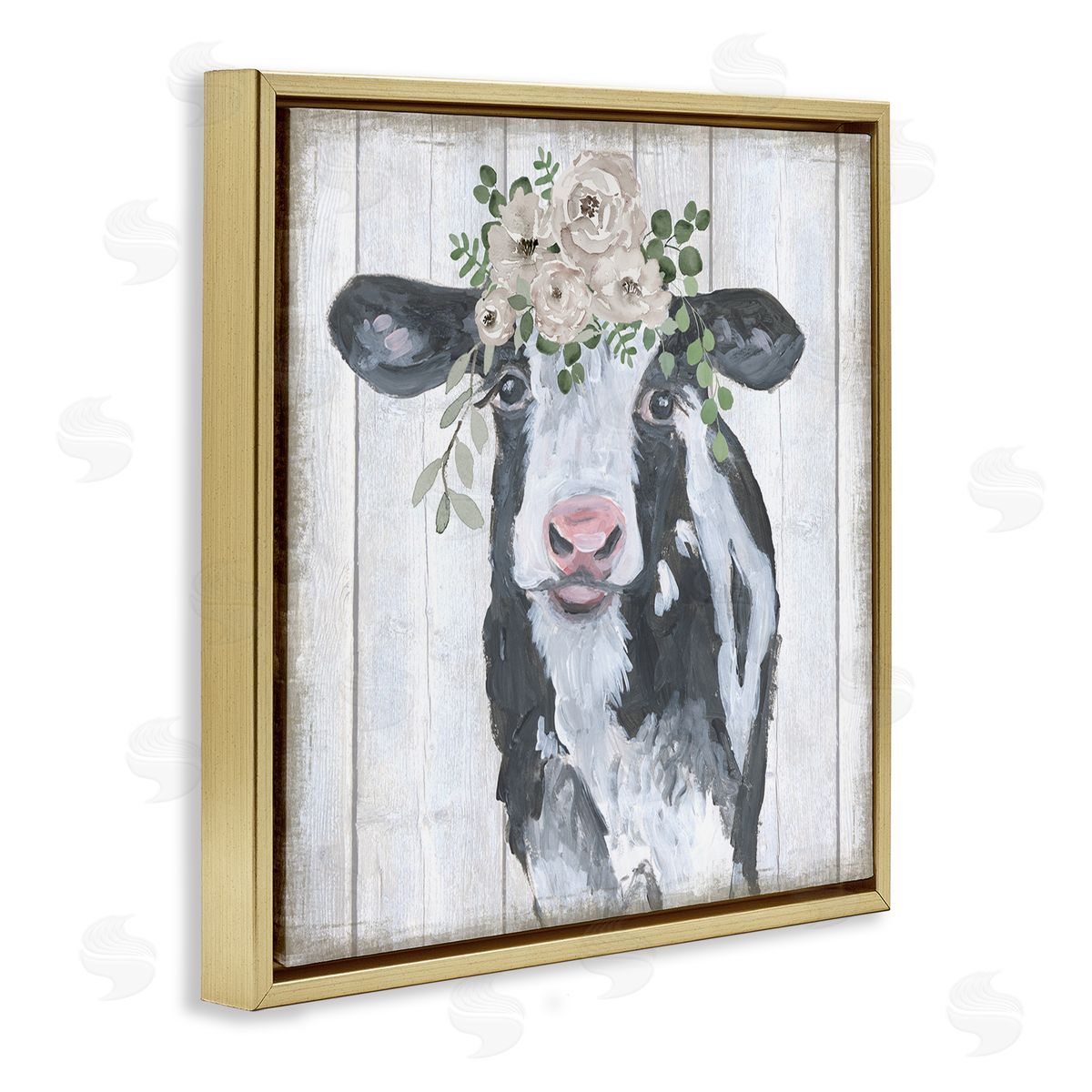 Corinne Haig Cow with Rose Garland Gold Floating Frame Canvas Wall Art Print