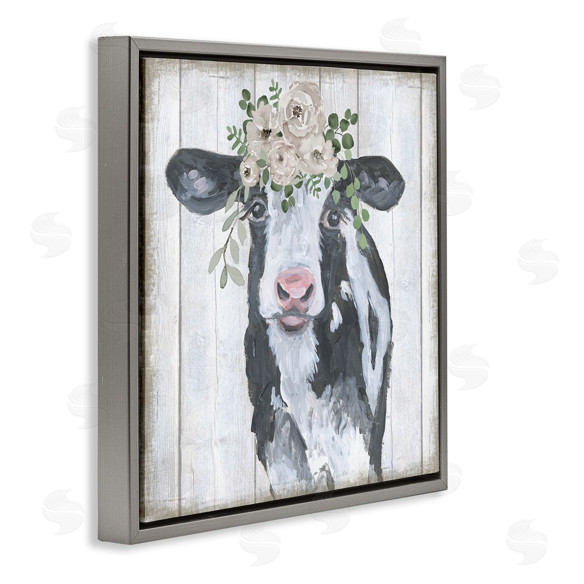 Corinne Haig Cow with Rose Garland Gray Floating Frame Canvas Wall Art Print