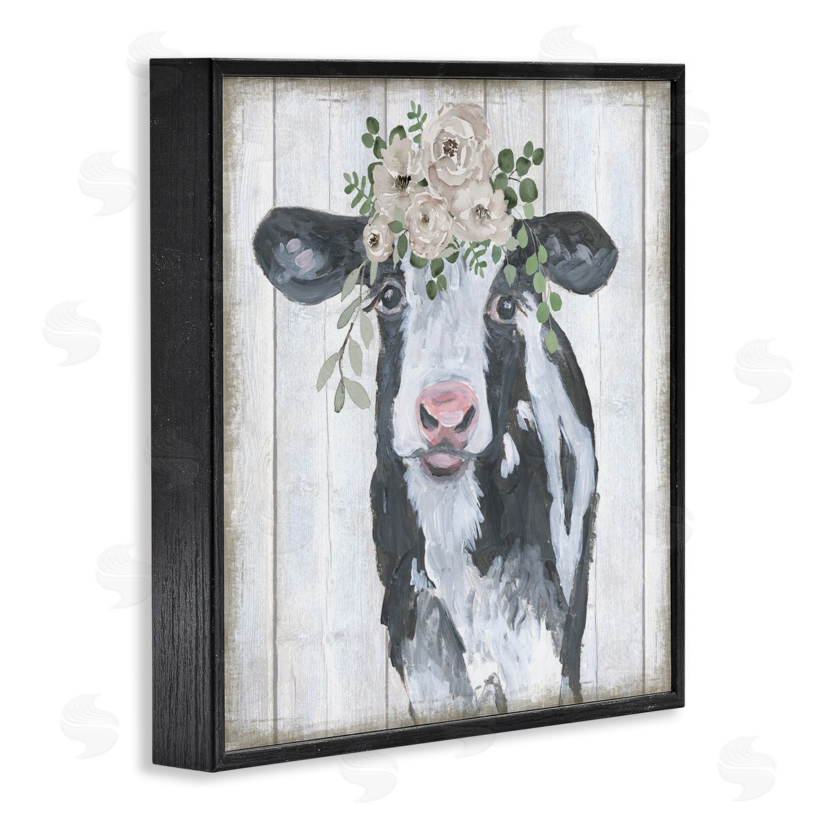 Corinne Haig Cow with Rose Garland Black Framed Glicee Wall Art Print