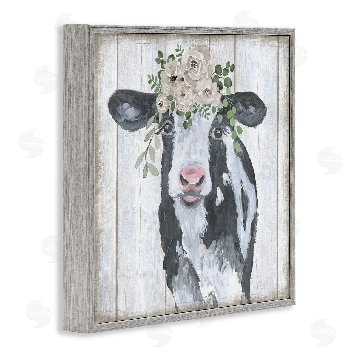 Corinne Haig Cow with Rose Garland Gray Framed Glicee Wall Art Print