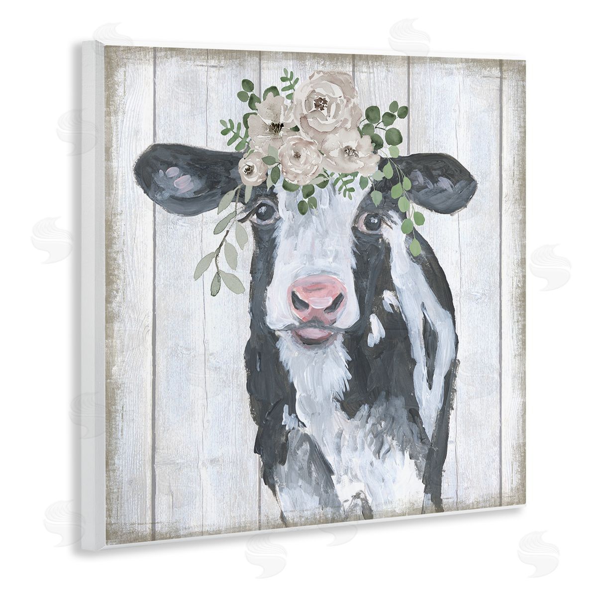 Corinne Haig Cow with Rose Garland Wooden Wall Plaque Art Print