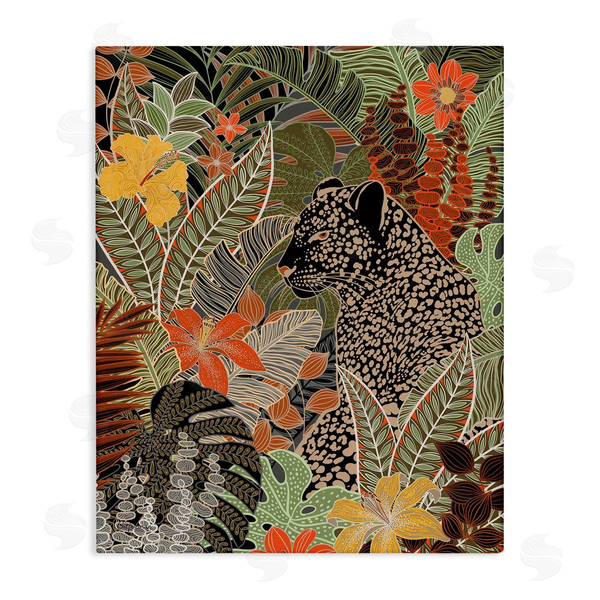 Leopard in Jungle Pattern Canvas Wall Art, Home Decor by Cat Thurman Designs