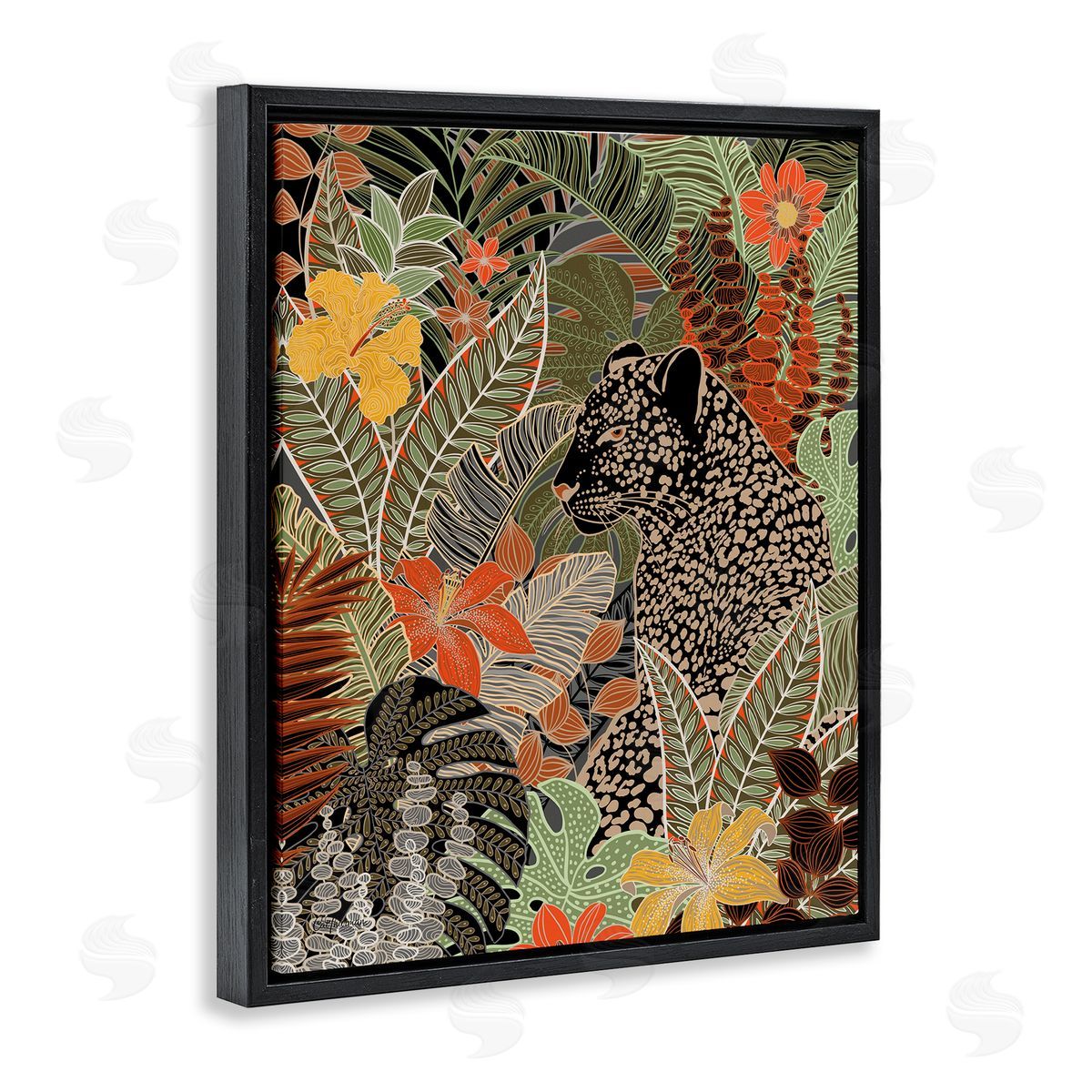 Leopard in Jungle Pattern Black Floating Frame Canvas Wall Art, Home Decor by Cat Thurman Designs