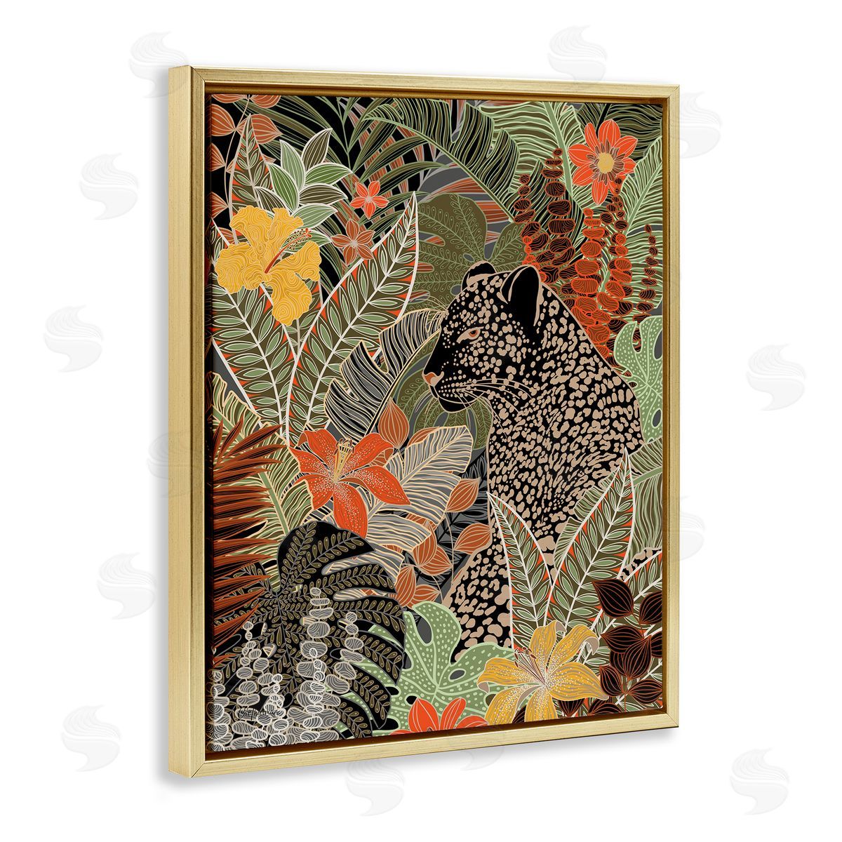 Leopard in Jungle Pattern Gold Floating Frame Canvas Wall Art, Home Decor by Cat Thurman Designs