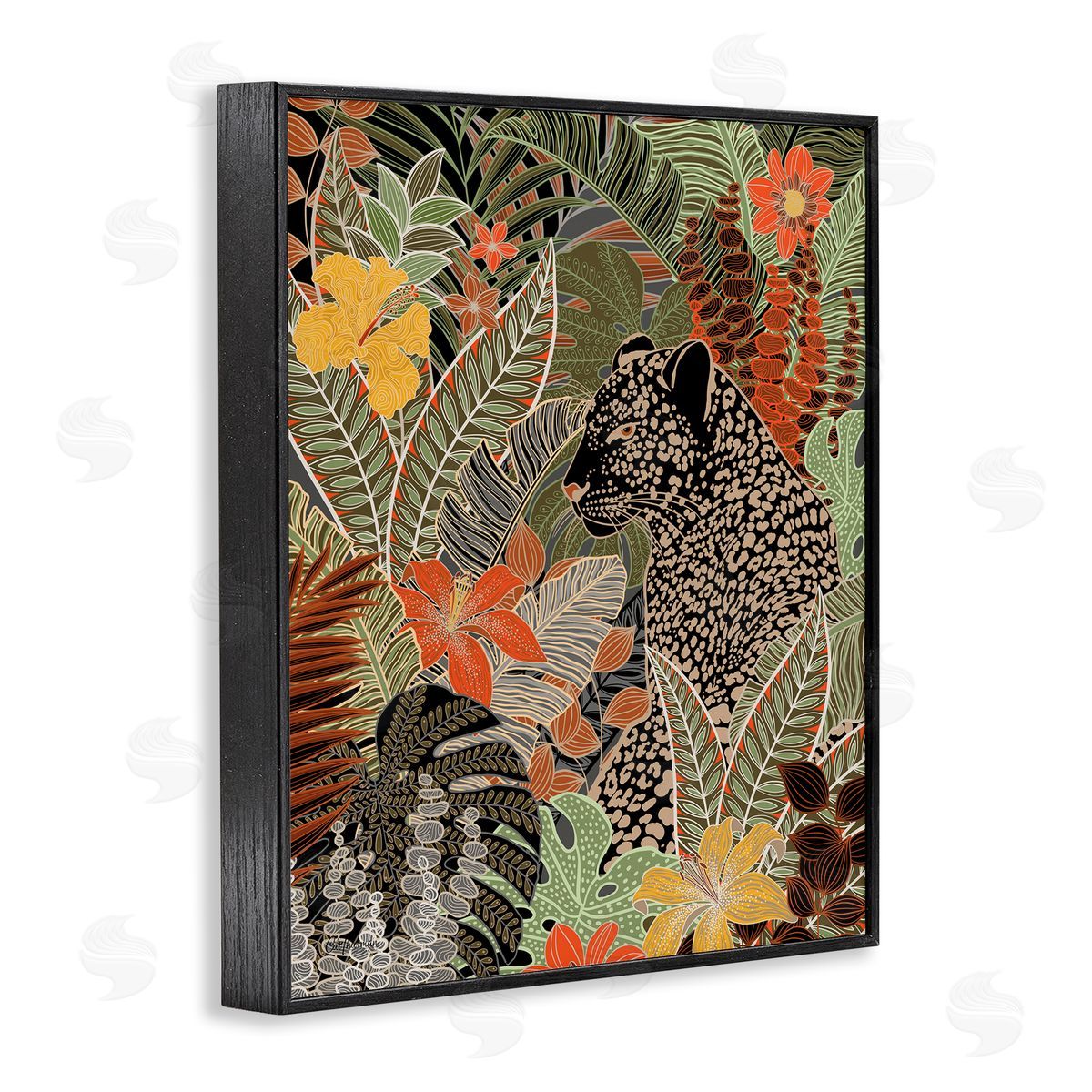 Leopard in Jungle Pattern Black Frame Print Wall Art, Home Decor by Cat Thurman Designs