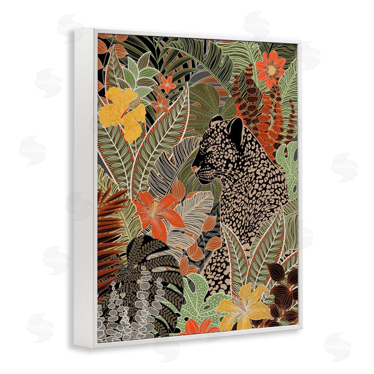 Leopard in Jungle Pattern White Frame Print Wall Art, Home Decor by Cat Thurman Designs