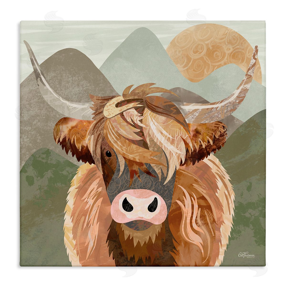 Cat Thurman Designs Highland Cattle Landscape Stretched Canvas Wall Art Print
