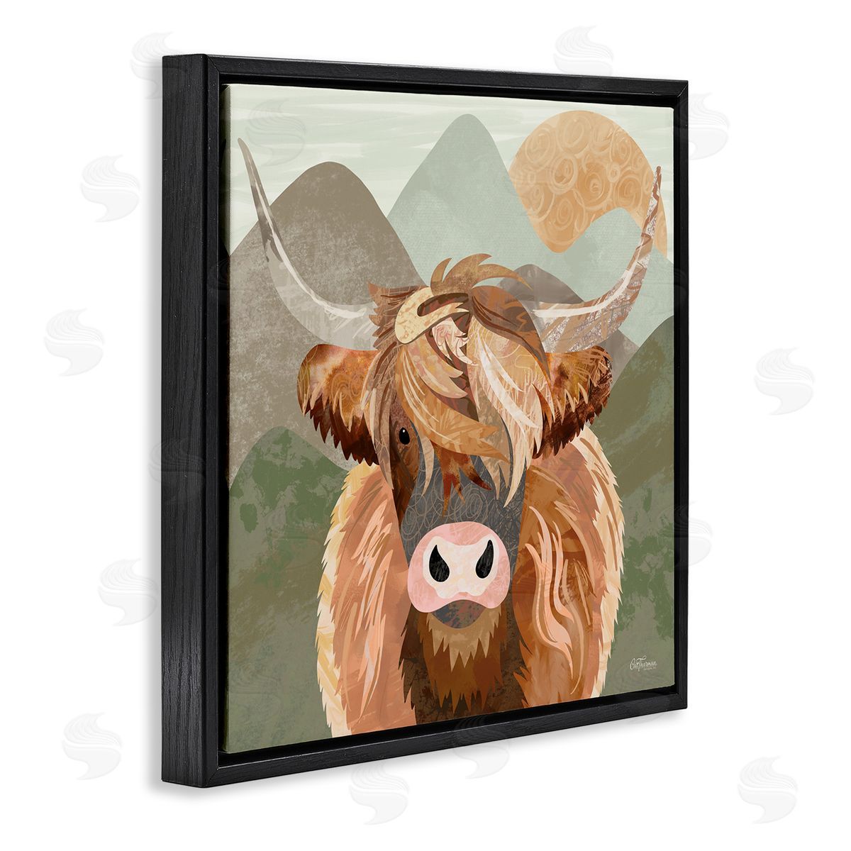 Cat Thurman Designs Highland Cattle Landscape Black Floating Frame Canvas Wall Art Print