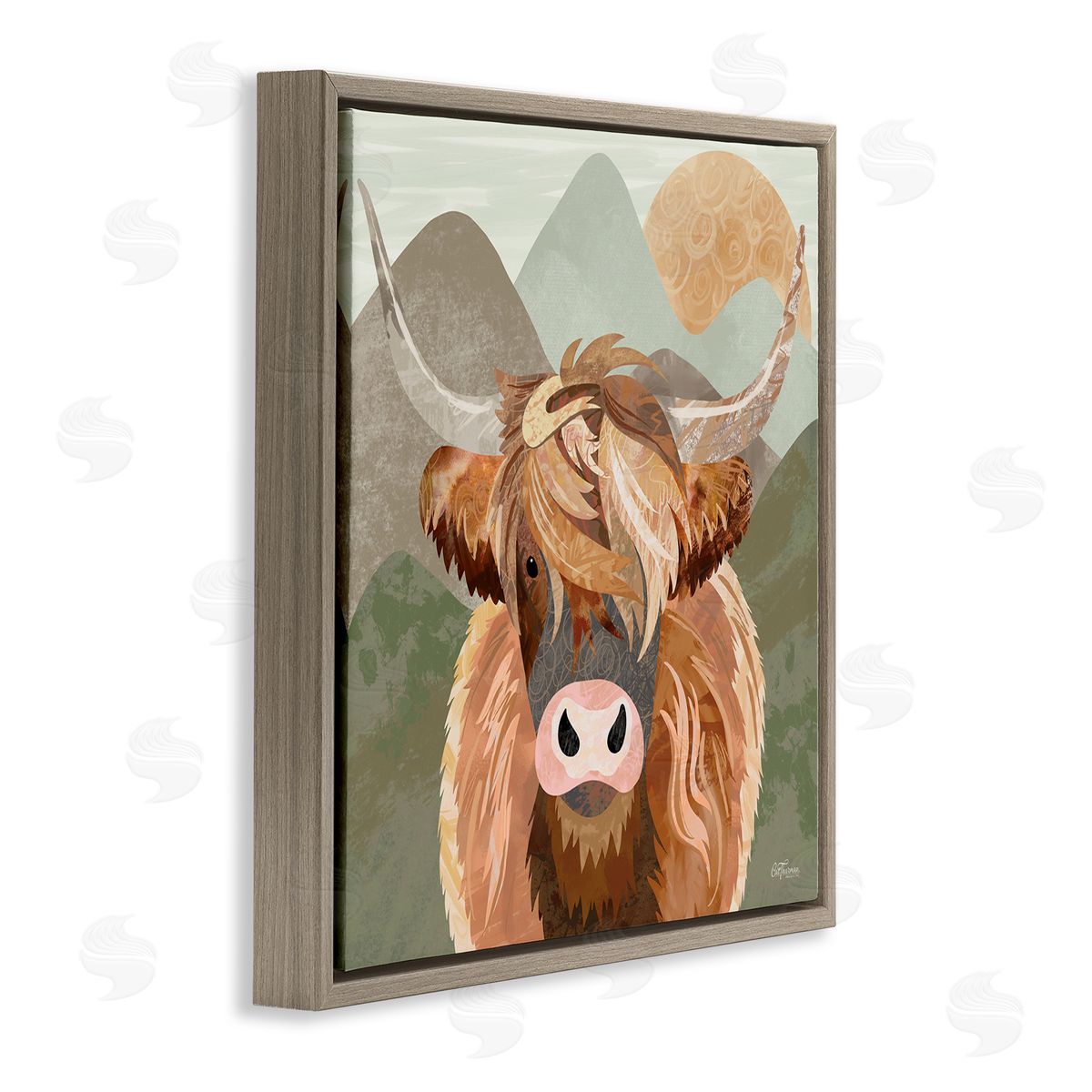Cat Thurman Designs Highland Cattle Landscape Brown Floating Frame Canvas Wall Art Print