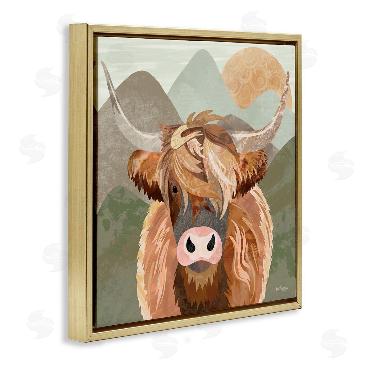 Cat Thurman Designs Highland Cattle Landscape Gold Floating Frame Canvas Wall Art Print