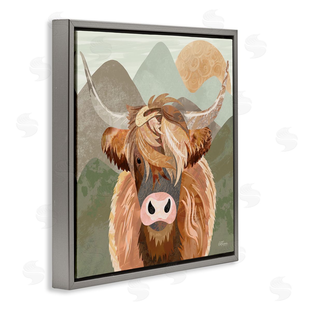 Cat Thurman Designs Highland Cattle Landscape Gray Floating Frame Canvas Wall Art Print