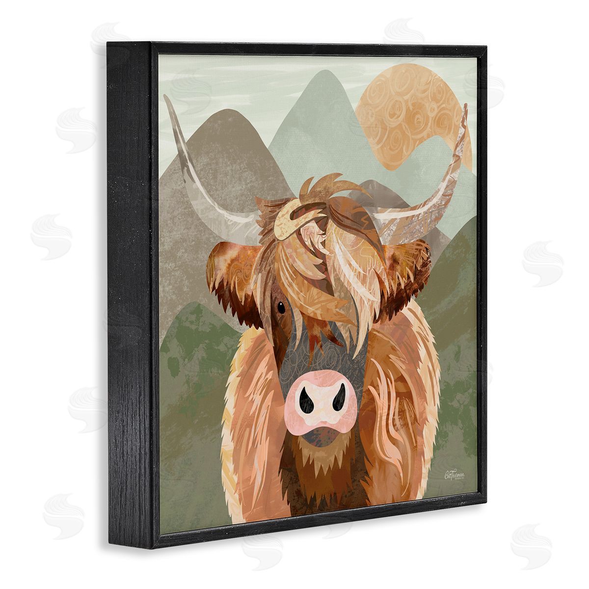 Cat Thurman Designs Highland Cattle Landscape Black Framed Glicee Wall Art Print