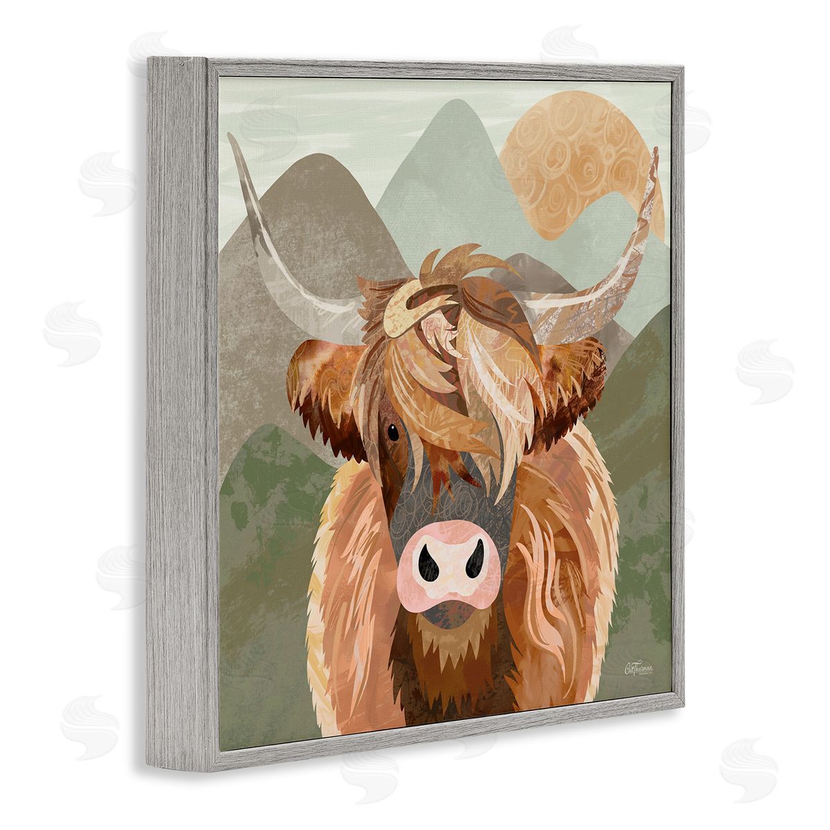 Cat Thurman Designs Highland Cattle Landscape Gray Framed Glicee Wall Art Print