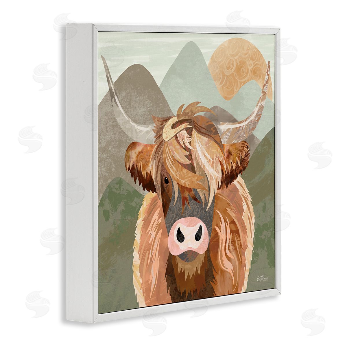 Cat Thurman Designs Highland Cattle Landscape White Framed Glicee Wall Art Print