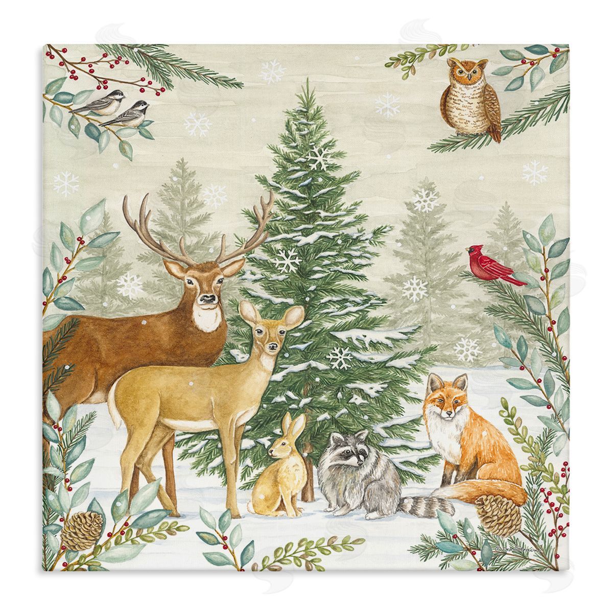 Deb Strain Woodland Animals in Winter Stretched Canvas Wall Art Print