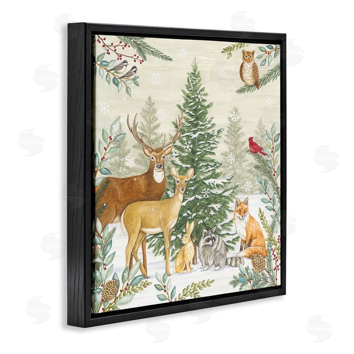 Deb Strain Woodland Animals in Winter Black Floating Frame Canvas Wall Art Print