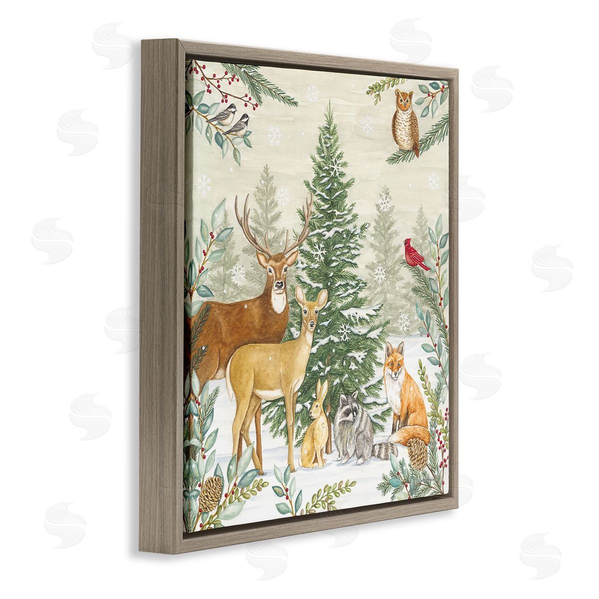 Deb Strain Woodland Animals in Winter Brown Floating Frame Canvas Wall Art Print