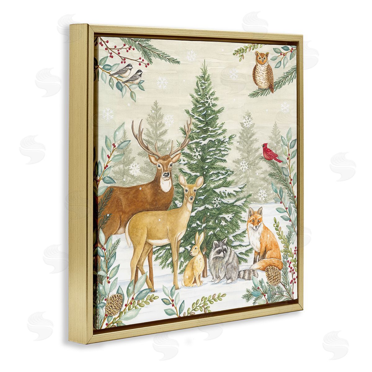 Deb Strain Woodland Animals in Winter Gold Floating Frame Canvas Wall Art Print