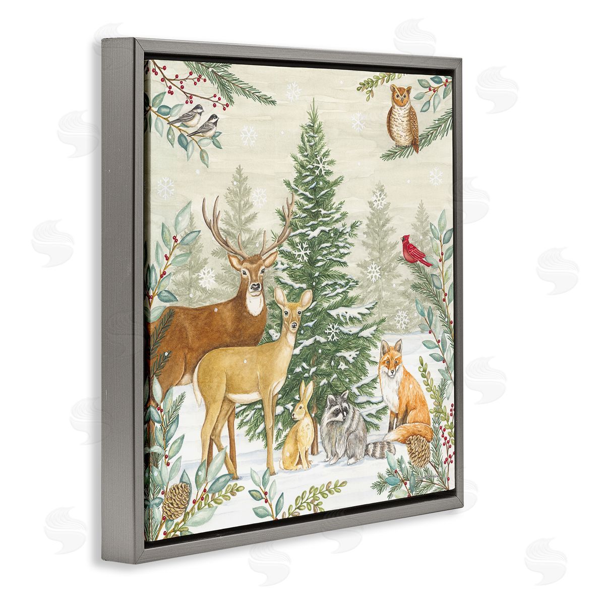 Deb Strain Woodland Animals in Winter Gray Floating Frame Canvas Wall Art Print
