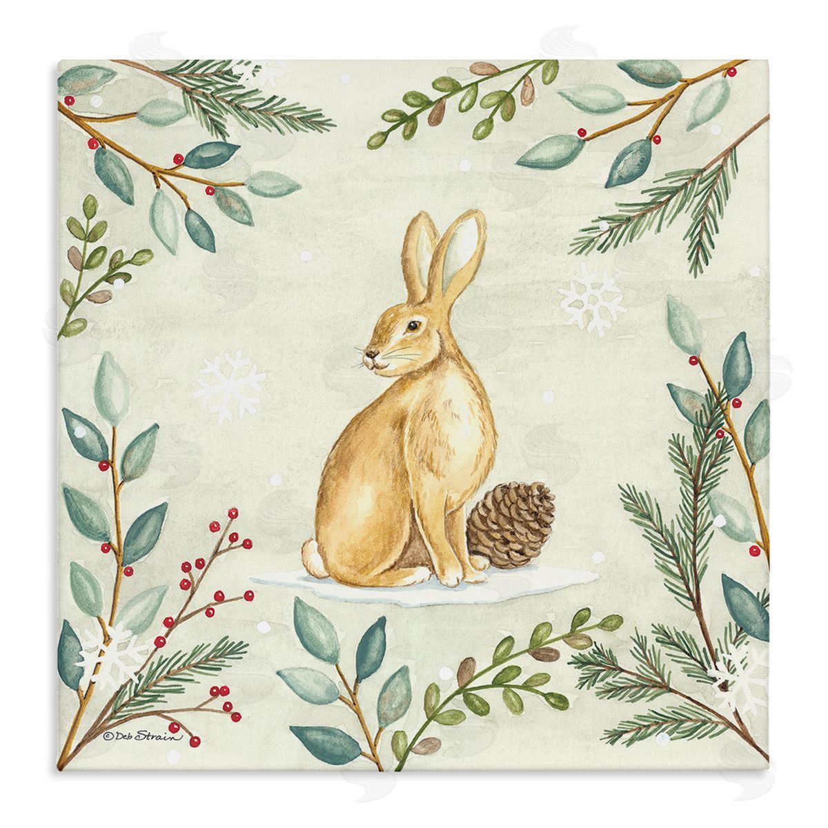 Deb Strain Winter Rabbit & Pinecone Stretched Canvas Wall Art Print