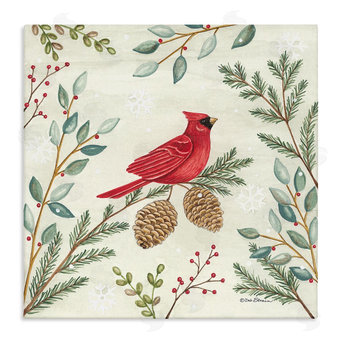 Deb Strain Cardinal & Pinecones in Winter Stretched Canvas Wall Art Print